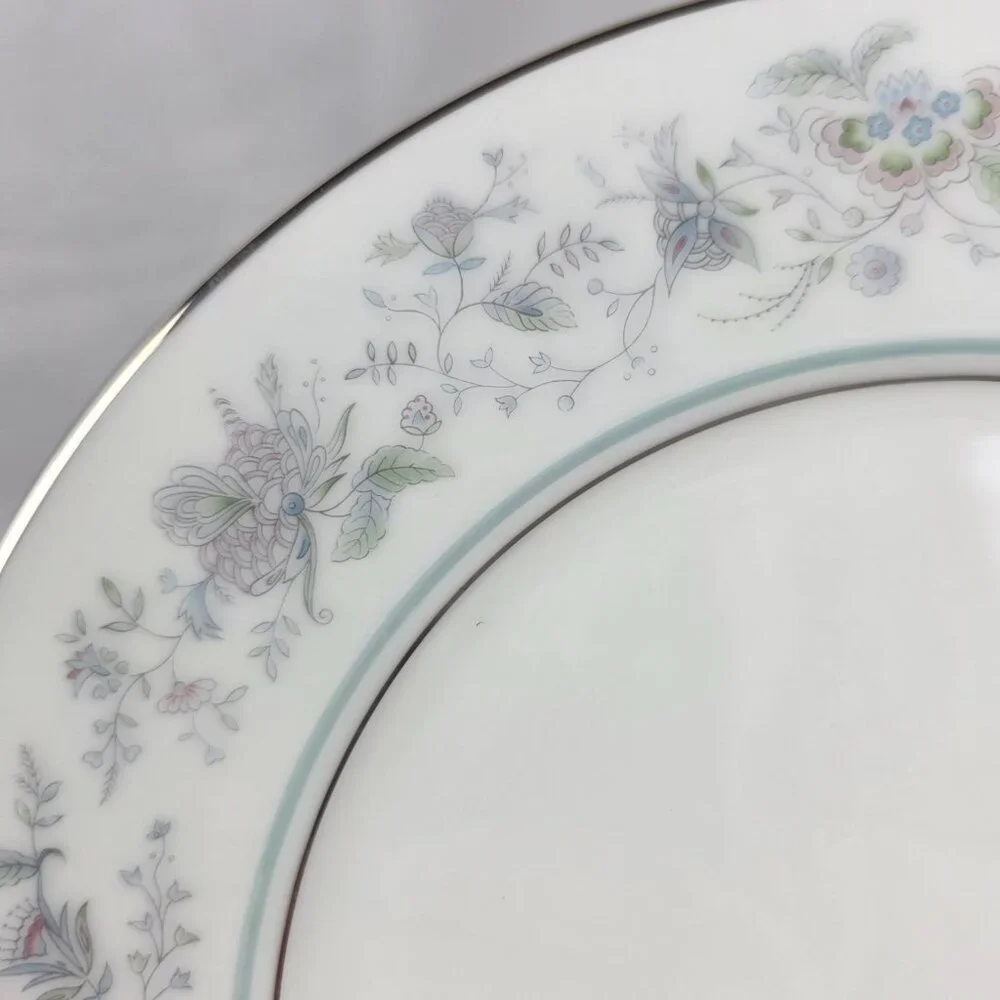 FOUR Oxford China Spring Salad Plate Multicolor Floral Rim Aqua Band